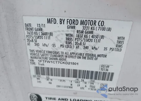 2012 Ford F-150 Lariat z USA, uszkodzony, nr VIN 1FTFW1CT7CKD21501